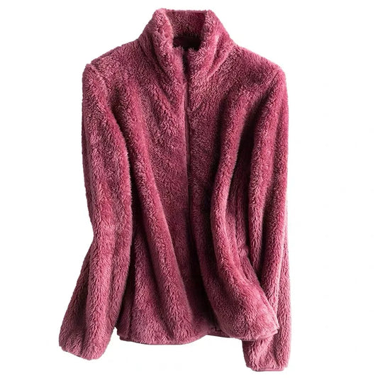 2024 New Double-sided Coral Fleece Girl Sweatshirt Fashion Warm Casual Pure Color Lamb Plush Fleece Thickened Zipper Ladies Coat