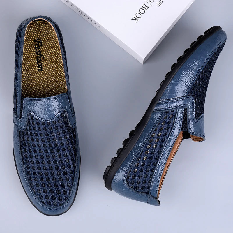 FUQIAO 2024 New Casual Shoes Men Summer Comfortable Mesh Genuine Leather Footwear Fashion Soft Male Outdoor Moccasins Loafers