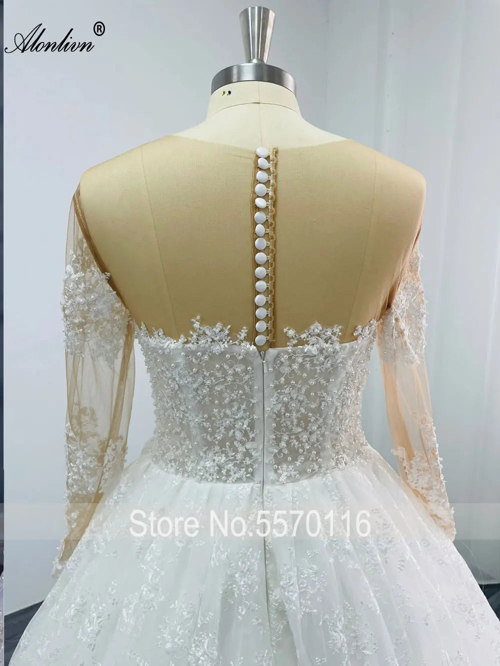 Alonlivn Elegant Silky Lace Of V-Neck Full Sleeve A Line Wedding Dress Beading Pearls Brown Skin Bridal Gowns