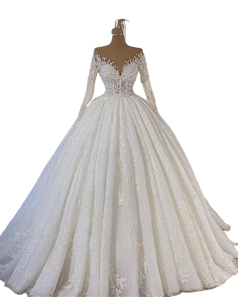 Real Photo Lace Appliques Ballgown Wedding Dresses Sweep Train Illsion Long Sleeves Robes De Mariée Plus Size Bridal Gowns