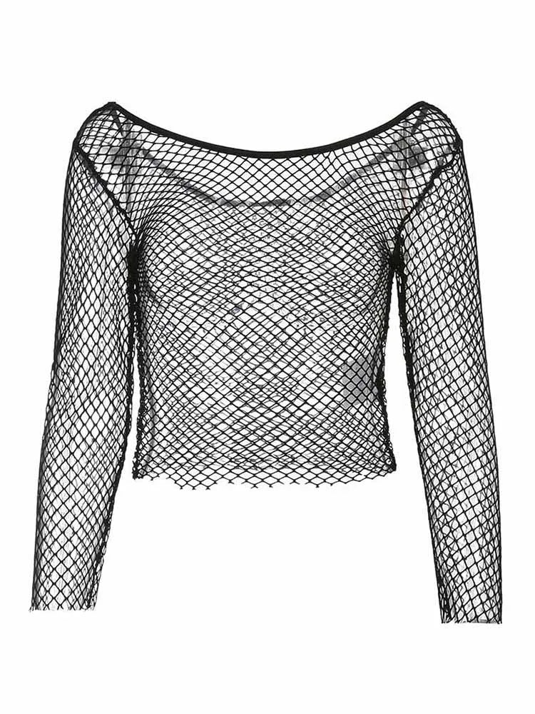 Goth Fishnet Grunge Mall Gothic Women's Sexy T-shirts Punk Black White Transparent Basic Crop Tops Skinny Fashion Clothing Alt