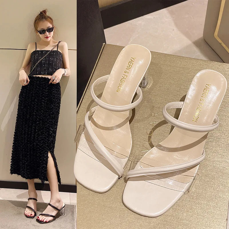 Shoes Low Rubber Slippers Slides Square heel Women Heels Block High Transparent Summer Soft Rome Scandals Fabric PU Concise Pump