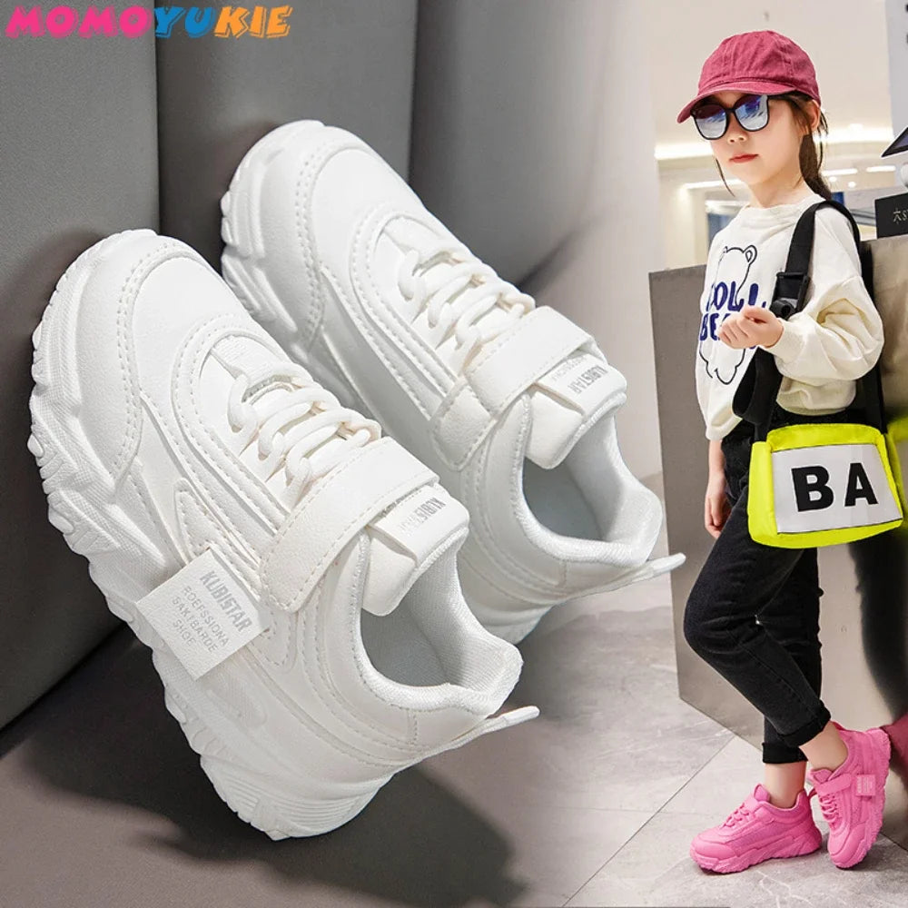 Spring New Kids Sneakers shoes 2023 PU Girls Casual Mesh Solid Pink Light Boys White Hook & Loop Children Non-slip Sports Shoe