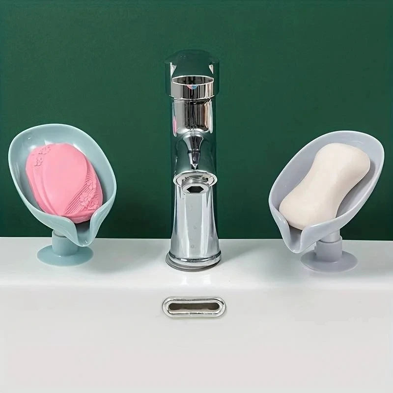 Soap Holder Drain Water Soap Dish Leaf Shape Soap Box Shower Soap Drainer Suction Cup Soap Container Modern Bathroom Accessories