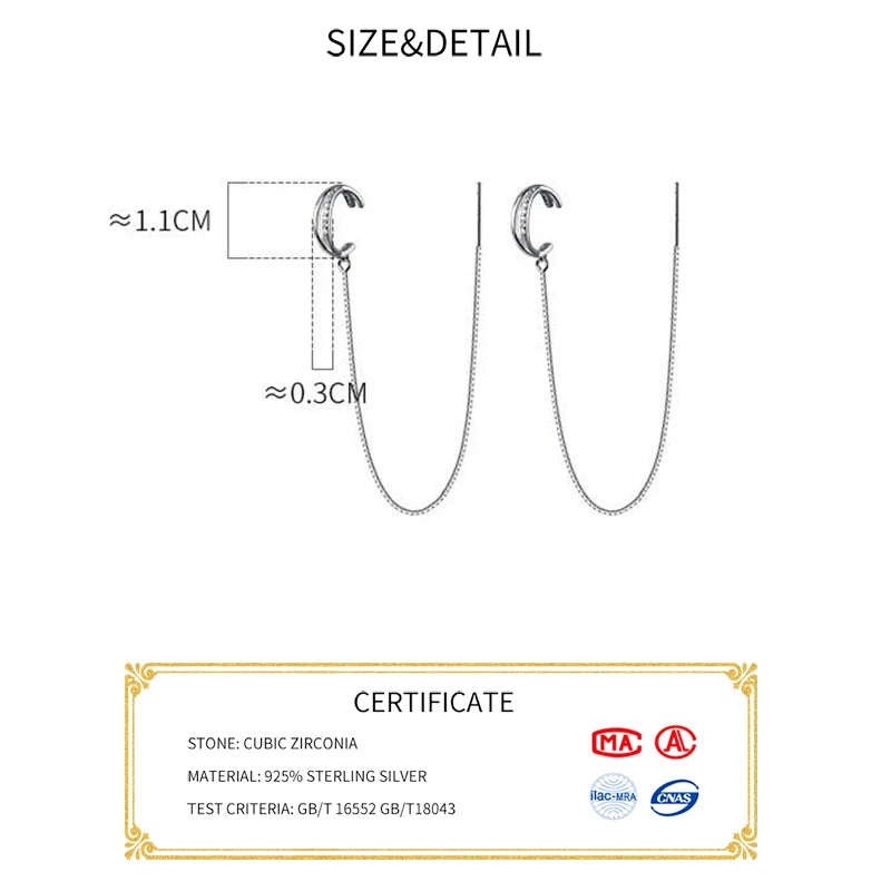 INZATT Real 925 Sterling Silver Zircon Cross Chain Tassel Clip Earrings For Women Party Minimalist Fine Jewelry Cute Accessories