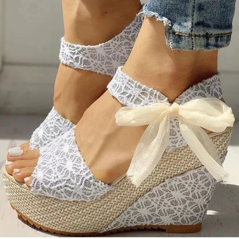 Female Bow Platform Sandals Bohemian Style Fish Mouth Wedges High-heeled Shoes Beach Slippers Sapato Feminino Confortavel