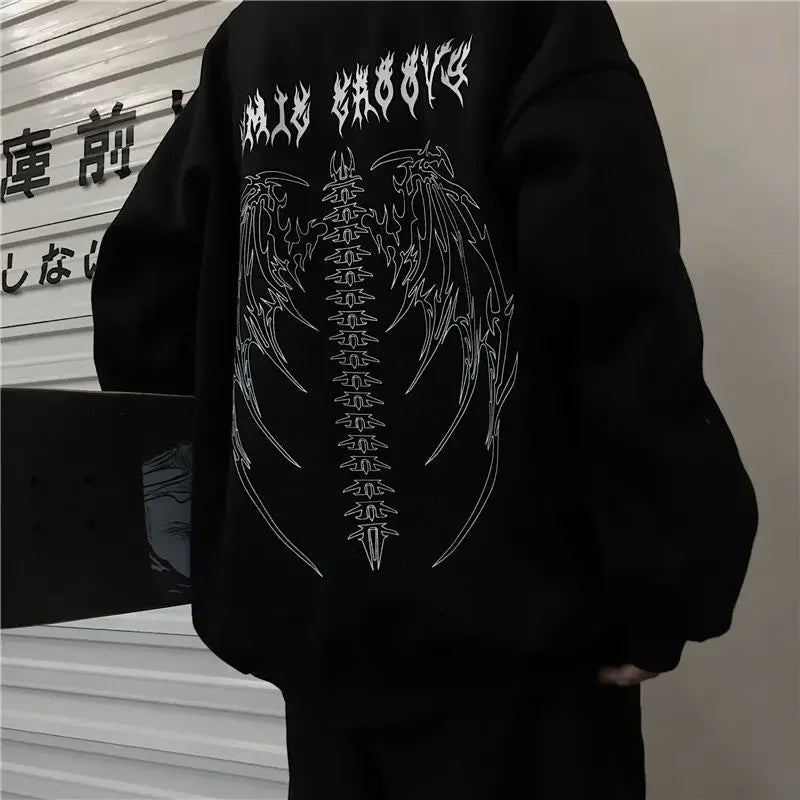 Autumn Punk Black Sweatshirts Tops Gothic Grunge Oversized Hoodie Streetwear Womens Hip-hop Cool Couple High Street Pullovers