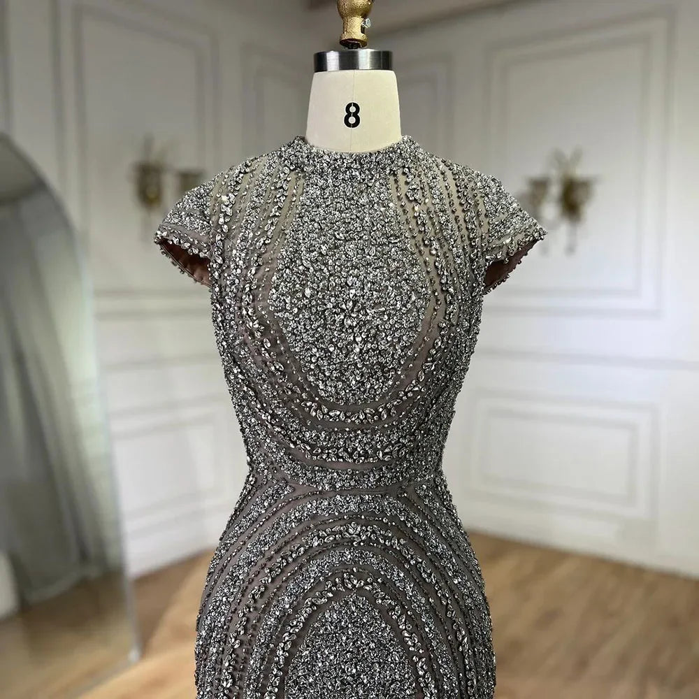 SERENE HILL Dubai Luxury Beaded Grey Shining Beaded Evening Dresses 2024 Elegant For Women Wedding Party Gowns CLA72344