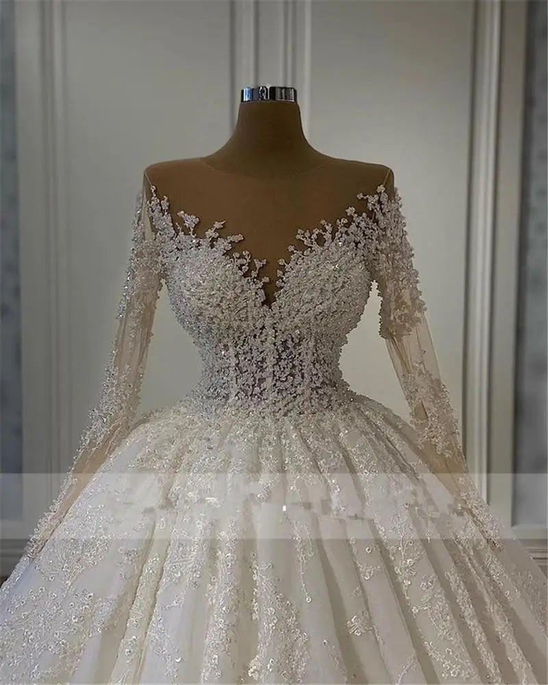 Real Photo Lace Appliques Ballgown Wedding Dresses Sweep Train Illsion Long Sleeves Robes De Mariée Plus Size Bridal Gowns