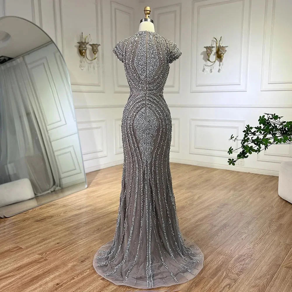 SERENE HILL Dubai Luxury Beaded Grey Shining Beaded Evening Dresses 2024 Elegant For Women Wedding Party Gowns CLA72344