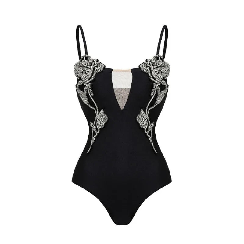 Women's Crystal One Piece Maillot Swimwear Beach Dress in Black