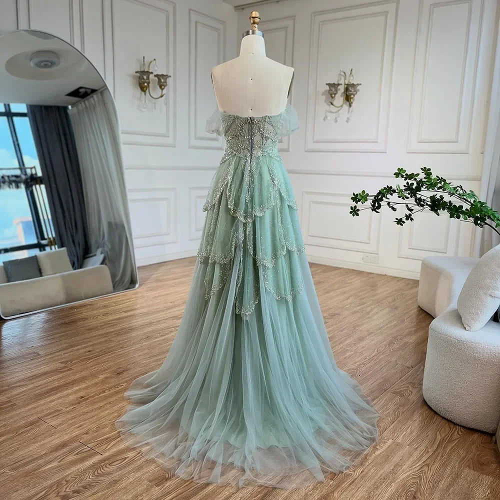 SERENE HILL Arabic Sage Green A-Line Elegant Off The ShoulderLuxury Beaded Evening Dress For Women Wedding Party 2024 CLA72605