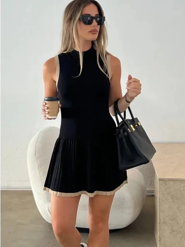 2024 Sexy Mini Dress High Waist Pleated Dresses A-line Dresses Elegant Sleeveless Knitted Sweater Dress High Streetwear Robes