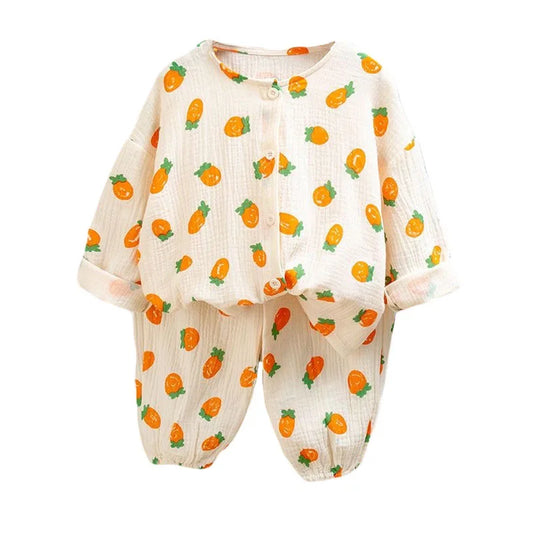 Baby Boys Girls Suit Clothes Kids Muslin Cotton Home Wear Outfit Set Three-Quarter Sleeves Tops+Pants Soft Pajamas 2PC 0-7T