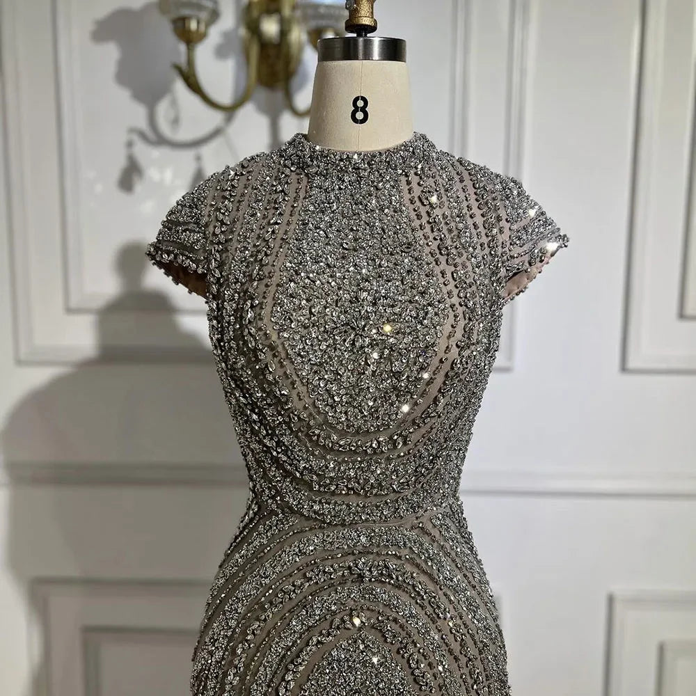 SERENE HILL Dubai Luxury Beaded Grey Shining Beaded Evening Dresses 2024 Elegant For Women Wedding Party Gowns CLA72344