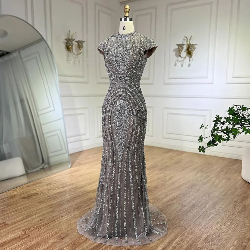 SERENE HILL Dubai Luxury Beaded Grey Shining Beaded Evening Dresses 2024 Elegant For Women Wedding Party Gowns CLA72344