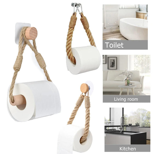 Toilet Wall Mount Beech Wood Roll Paper Holder Hanging Natural Rope Bathroom Vintage Decor Wall-Mounted Towel Rack