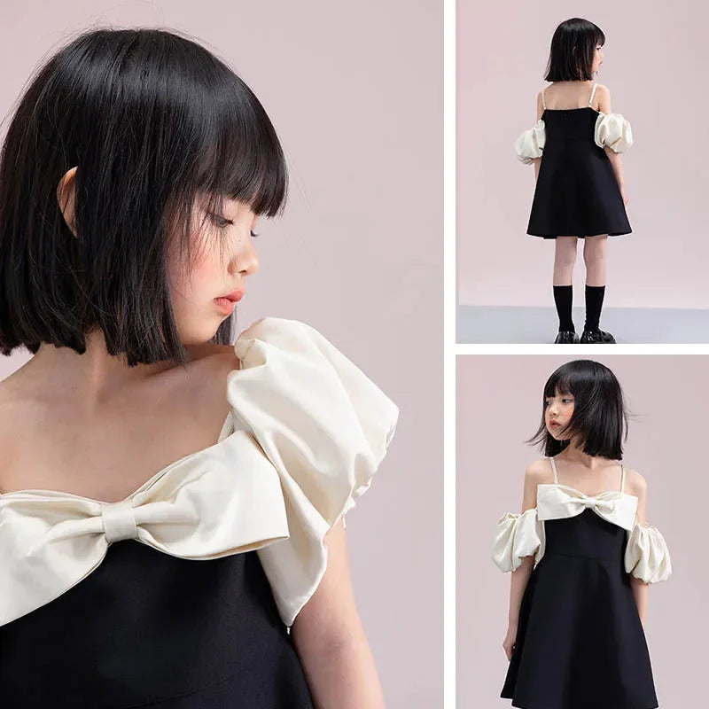 Baby Girl Bow Off Shoulder Dress Kids Bridemaid Wedding Dresses for Children Black Teen Girls Boutique Party Wear Elegant Frocks