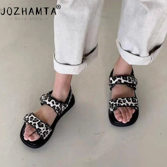 JOZHAMTA Size 34-41 Women Flats Sandals Soft Leather Leopard Wedges Low Heels Summer Shoes 2025ins Casual Beach Daily Dress