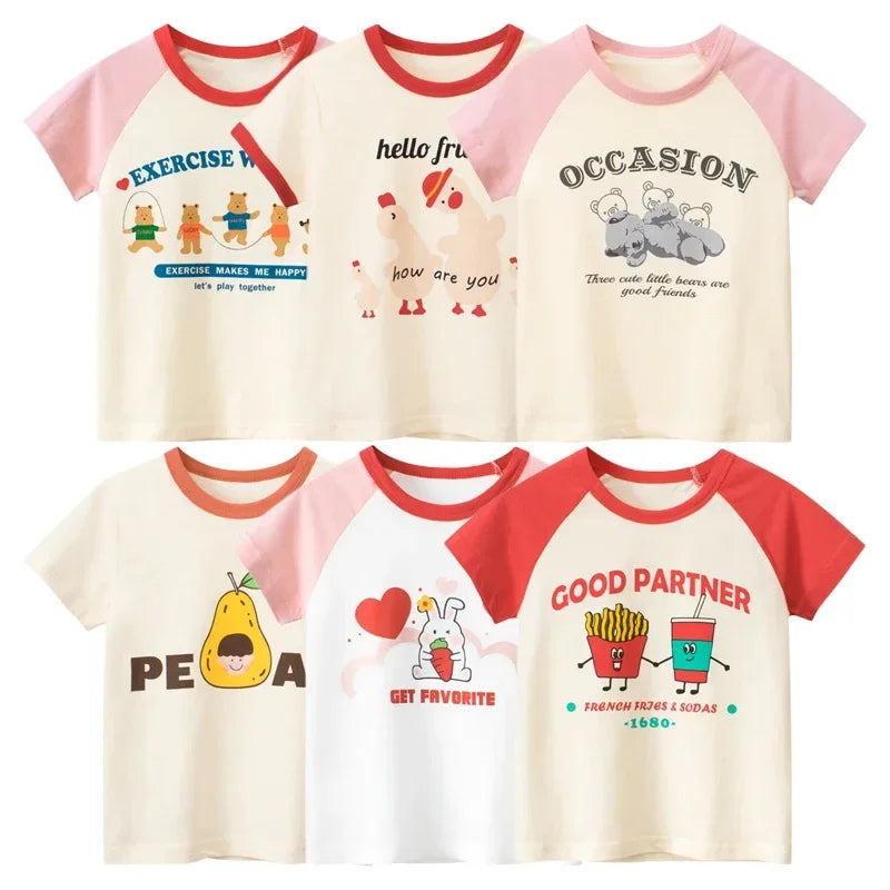 2024 Summer New Children's T-shirt  Girls' Cartoon Bear Print Short Sleeved Shirt Cotton O-Neck Tops Tees Lovely Kids Wear