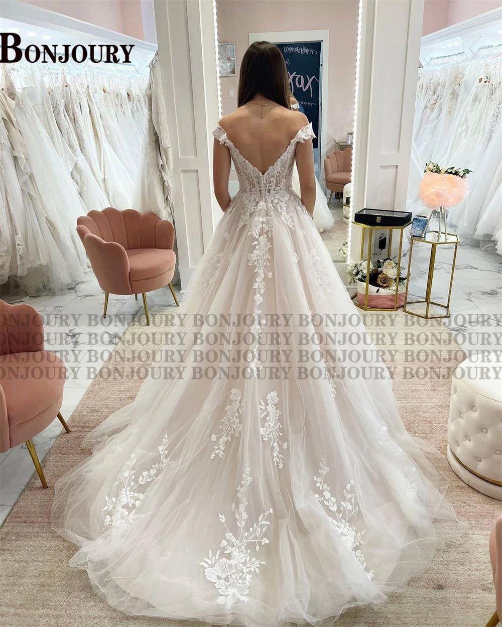 BONJOURY Modern Wedding Dresses For Woman Bride Off the Shoulder Backless Lace A-line Appliques Robe De Mariée Drop Shipping