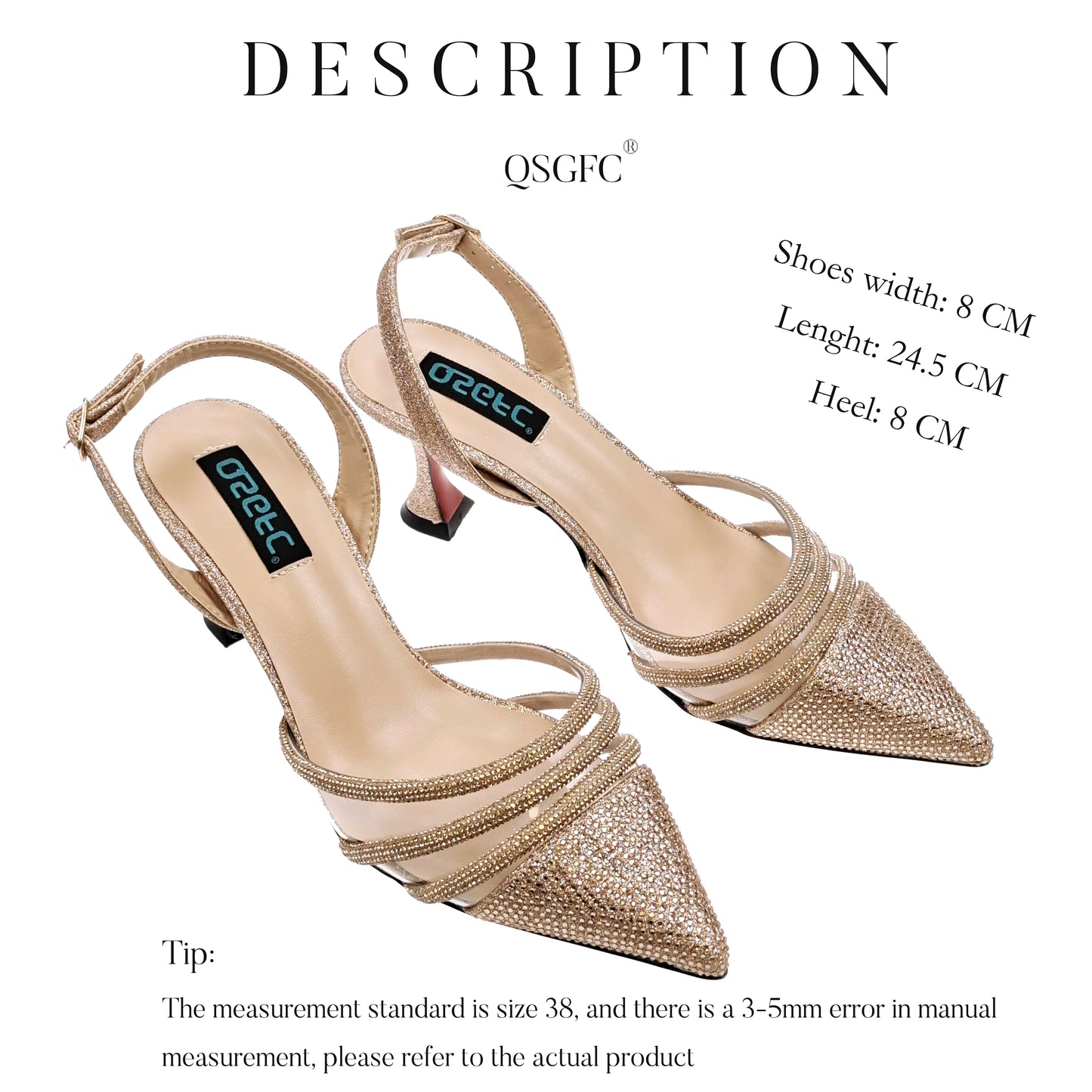 QSGFC Italian Design Nigeria New Trendy Full Diamond Embellished High Heels Peach Color Women's Bag and Shoes For Party Wedding