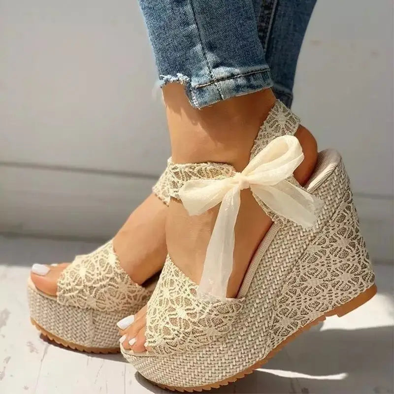 Female Bow Platform Sandals Bohemian Style Fish Mouth Wedges High-heeled Shoes Beach Slippers Sapato Feminino Confortavel