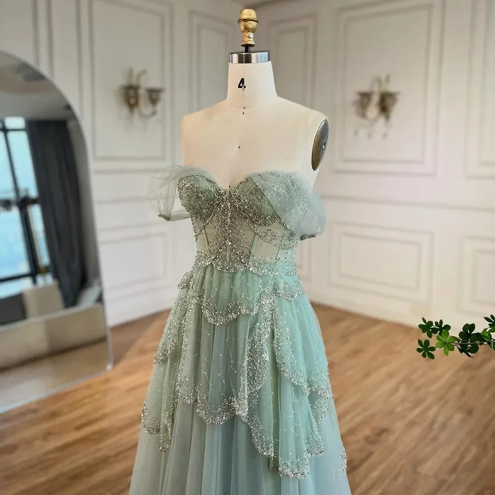 SERENE HILL Arabic Sage Green A-Line Elegant Off The ShoulderLuxury Beaded Evening Dress For Women Wedding Party 2024 CLA72605