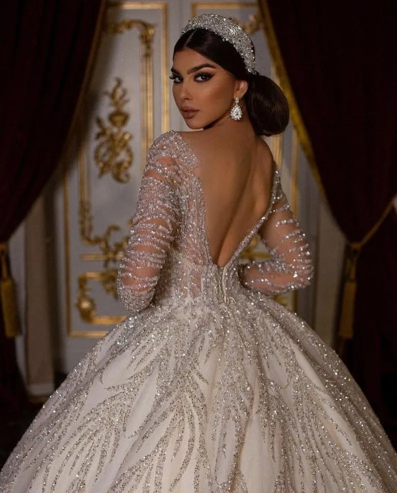 2024 Glitter Backless Wedding Dresses Ball Gown Arabian Luxury Sheer Neck Full Sleeves Sequins Bridal Gowns Vestidos De Novia