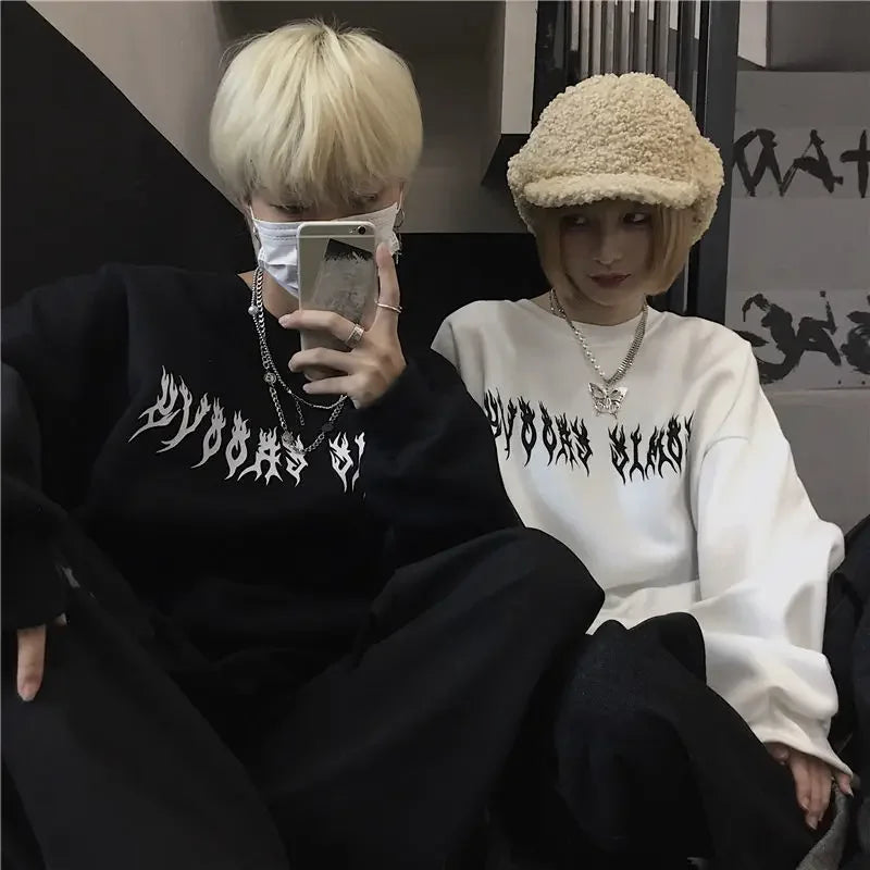 Autumn Punk Black Sweatshirts Tops Gothic Grunge Oversized Hoodie Streetwear Womens Hip-hop Cool Couple High Street Pullovers