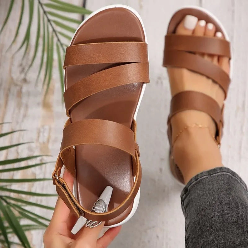 Ladies Summer Solid Colour Simple Retro Ankle Strap Round Head Flat Bottom Plus Size Roman Shoes Comfyfor Women