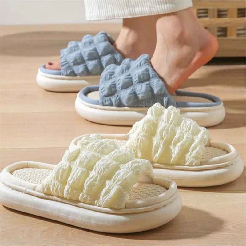 Women Spring Autumn Home Slippers Open-Toe Cross Band Linen Soled Indoor Slides Linen Soled Non-Slip Bathroom Slippers TG17