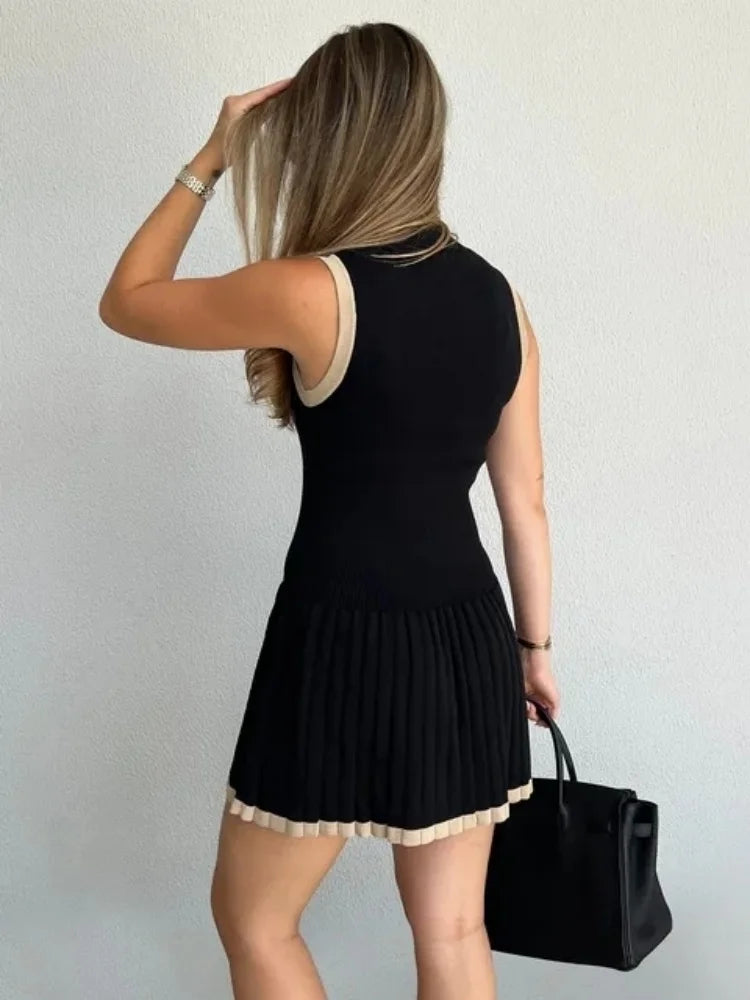 2024 Sexy Mini Dress High Waist Pleated Dresses A-line Dresses Elegant Sleeveless Knitted Sweater Dress High Streetwear Robes