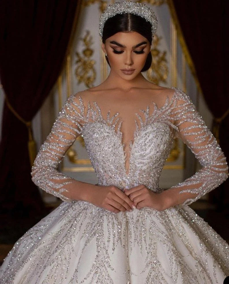 2024 Glitter Backless Wedding Dresses Ball Gown Arabian Luxury Sheer Neck Full Sleeves Sequins Bridal Gowns Vestidos De Novia