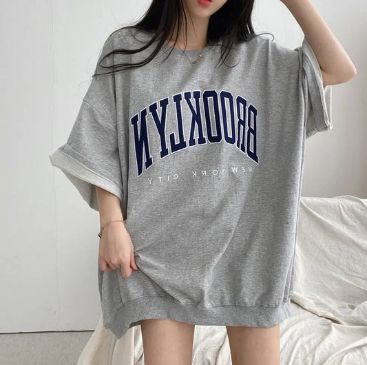 Hip Hop Short Sleeve Korea O Neck Oversized Cotton Summer Women Harajuku Letter Print Sweatshirts Gray Vintage Loose Fleece Tops