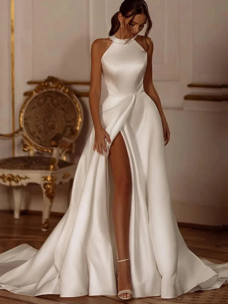 Luxury Wedding Dresses Side Slit Sexy Bridal Robes A-Line Lustrous Satin Gowns 2024 Bow Lace Up Elegant  Vestidos De Novia