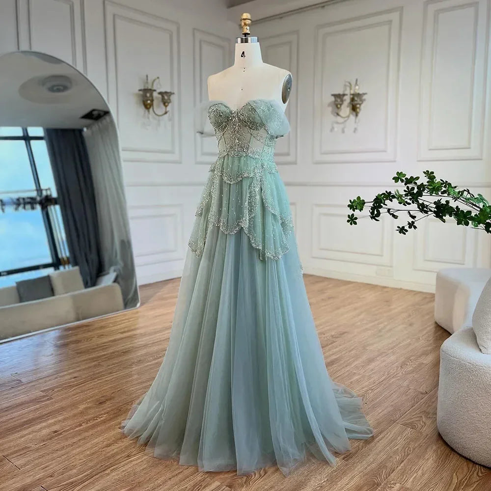 SERENE HILL Arabic Sage Green A-Line Elegant Off The ShoulderLuxury Beaded Evening Dress For Women Wedding Party 2024 CLA72605