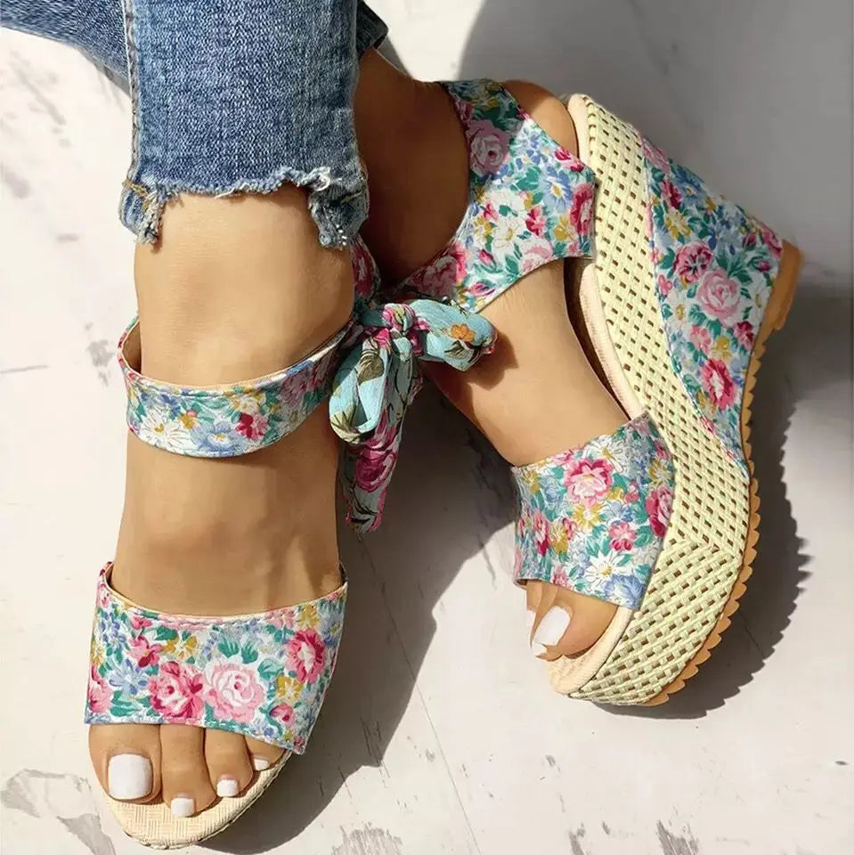 Female Bow Platform Sandals Bohemian Style Fish Mouth Wedges High-heeled Shoes Beach Slippers Sapato Feminino Confortavel