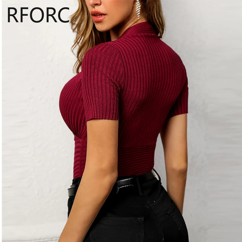 2024 Women Striped Deep V Neck Short Sleeves Knitting Basic Blouse Top