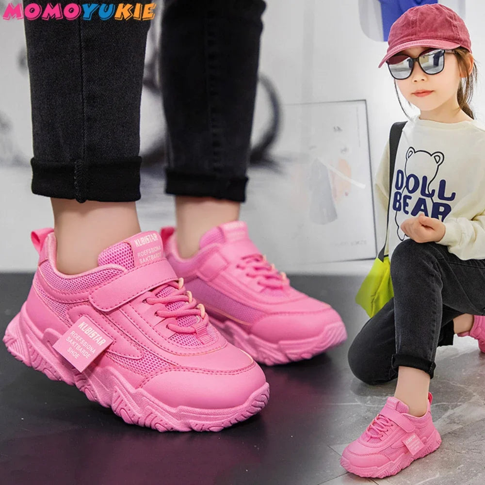 Spring New Kids Sneakers shoes 2023 PU Girls Casual Mesh Solid Pink Light Boys White Hook & Loop Children Non-slip Sports Shoe