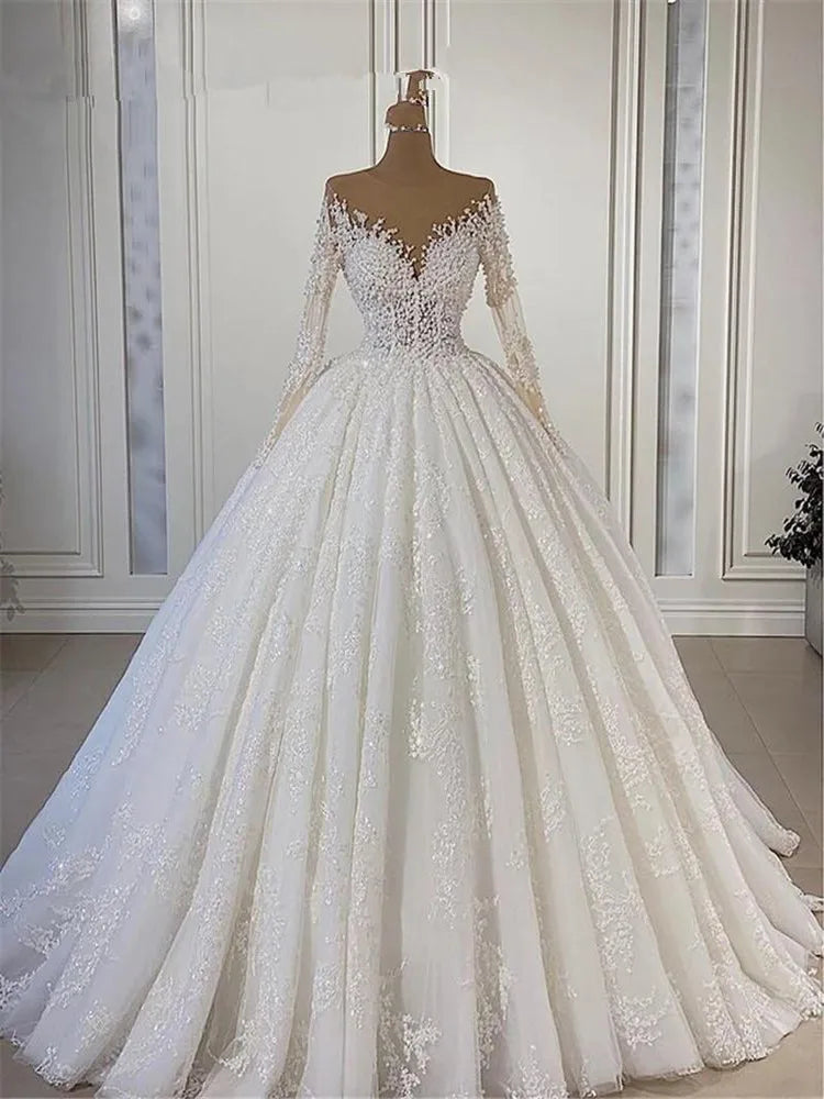 Real Photo Lace Appliques Ballgown Wedding Dresses Sweep Train Illsion Long Sleeves Robes De Mariée Plus Size Bridal Gowns