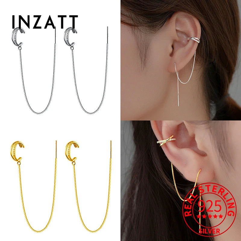 INZATT Real 925 Sterling Silver Zircon Cross Chain Tassel Clip Earrings For Women Party Minimalist Fine Jewelry Cute Accessories