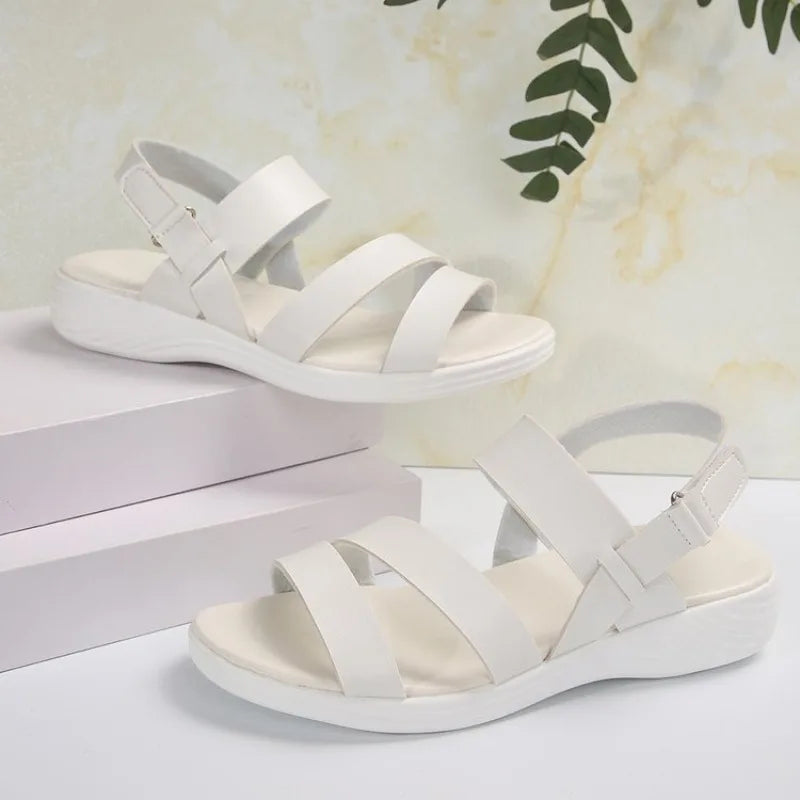 Ladies Summer Solid Colour Simple Retro Ankle Strap Round Head Flat Bottom Plus Size Roman Shoes Comfyfor Women