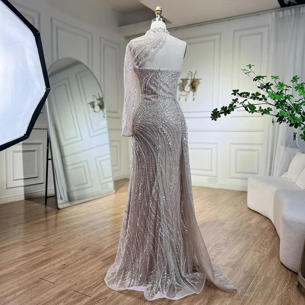 Serene Hill Arabic White Nude Mermaid Elegant One Shoulder Luxury Beaded Evening Dresses Gowns For Women Party 2024 LA72196