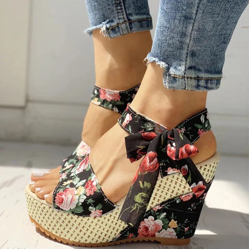 Female Bow Platform Sandals Bohemian Style Fish Mouth Wedges High-heeled Shoes Beach Slippers Sapato Feminino Confortavel