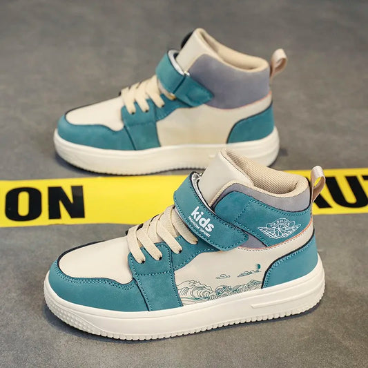 Leather boys' sneakers 2024 new student high top board shoes classic soft soled girls anti-slip wear cushioned shock