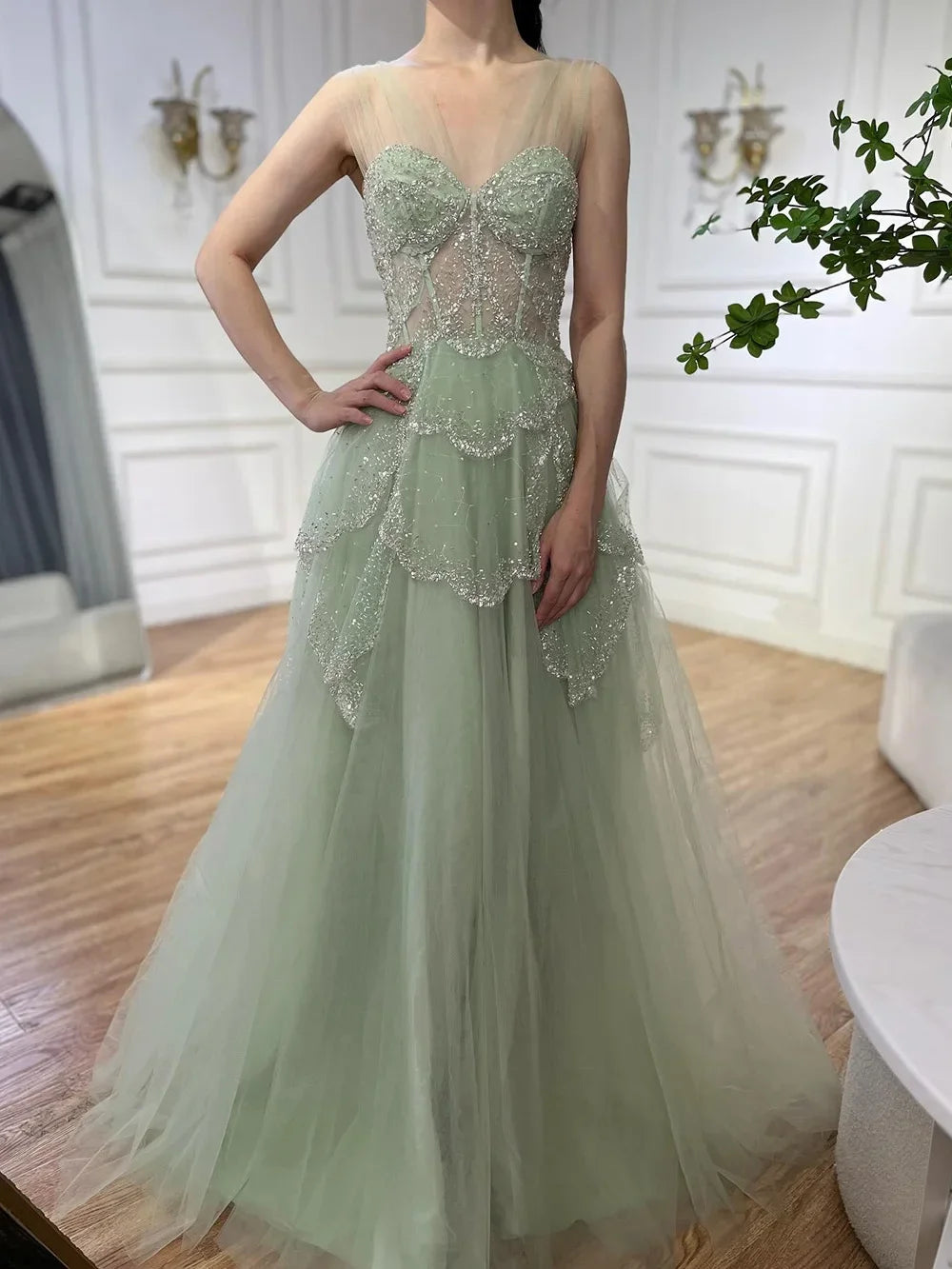 SERENE HILL Arabic Sage Green A-Line Elegant Off The ShoulderLuxury Beaded Evening Dress For Women Wedding Party 2024 CLA72605