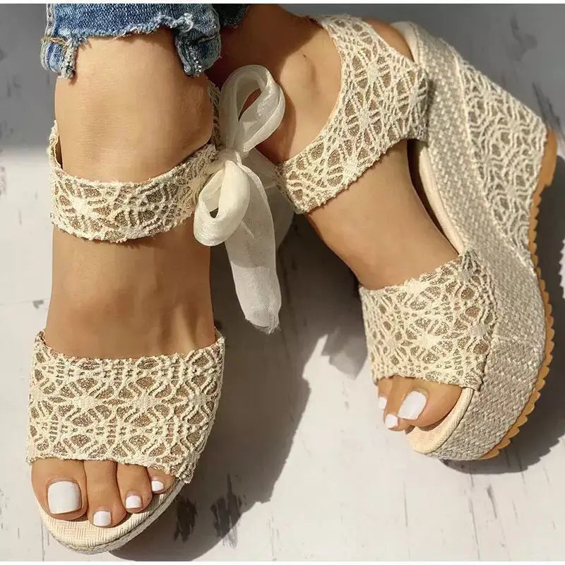 Female Bow Platform Sandals Bohemian Style Fish Mouth Wedges High-heeled Shoes Beach Slippers Sapato Feminino Confortavel