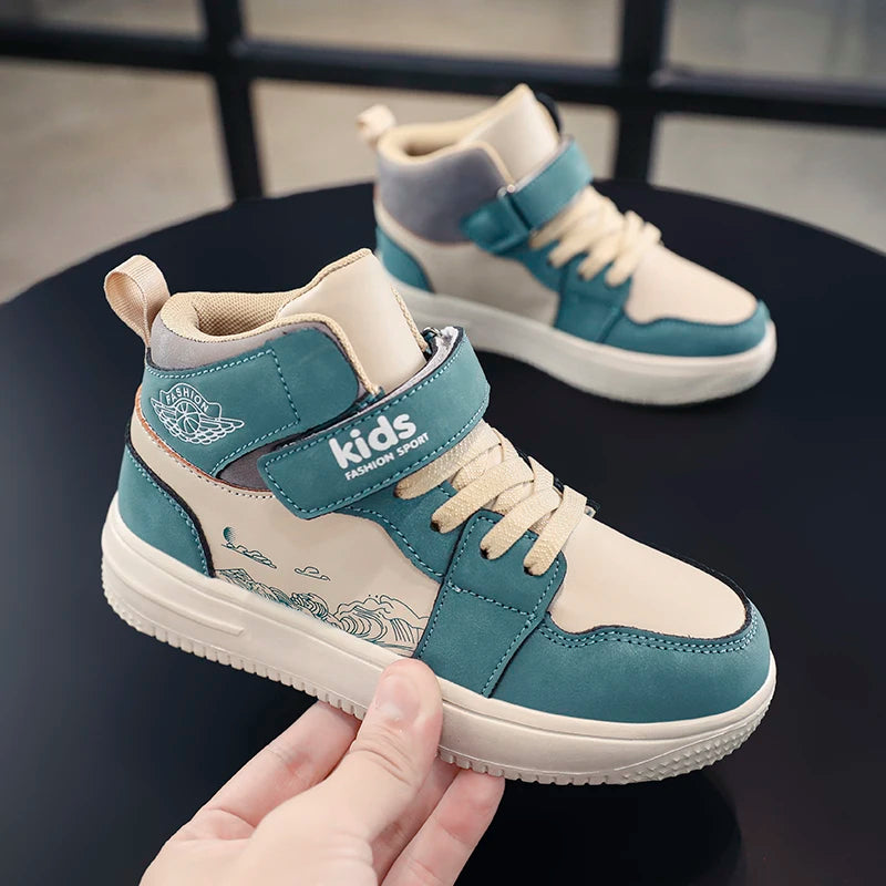 Leather boys' sneakers 2024 new student high top board shoes classic soft soled girls anti-slip wear cushioned shock