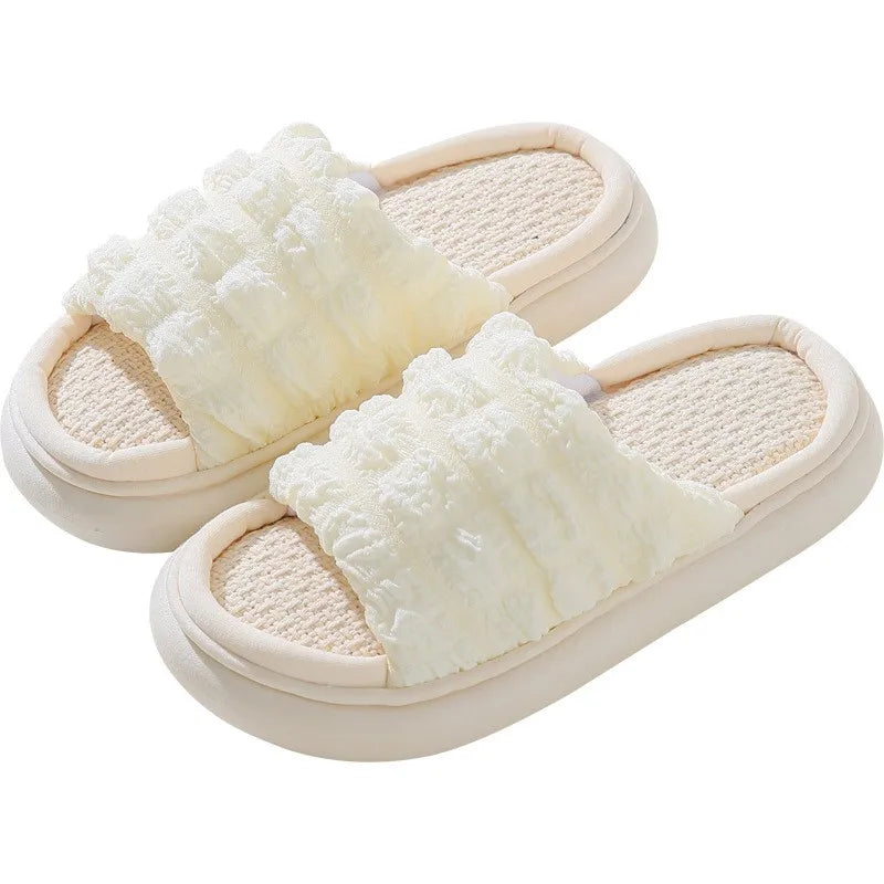 Women Spring Autumn Home Slippers Open-Toe Cross Band Linen Soled Indoor Slides Linen Soled Non-Slip Bathroom Slippers TG17